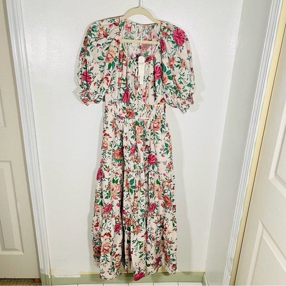 NEW Anthropologie Somerset Maxi Dress Puff-Sleeve Edition Neutral Motif Floral - Picture 2 of 9